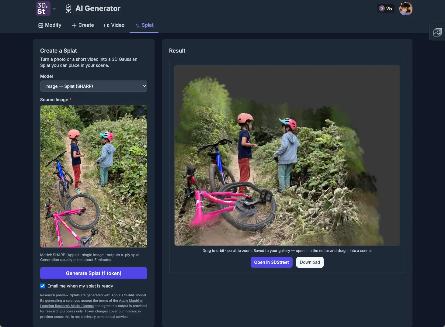 A single image turned into a splat in one shot with the AI Generator