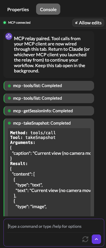 An agent action shown as a command pill in the Console tab