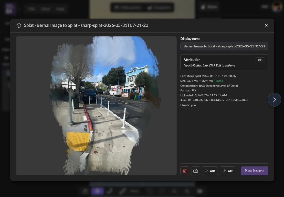 Previewing a splat in the asset details modal