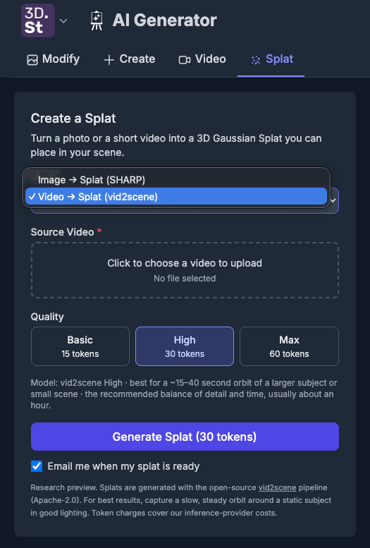 The Splat tab in the AI Generator
